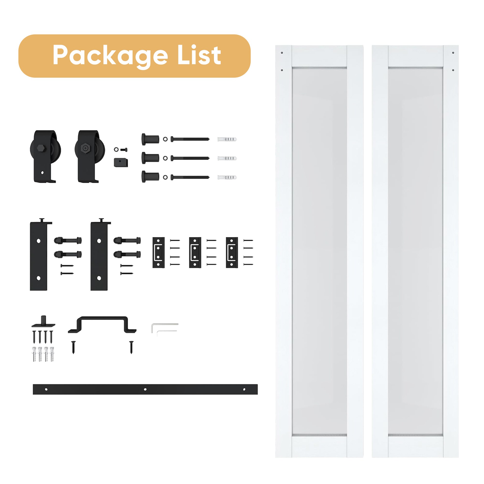 36"x 80" 1-Lite White Frosted Glass Bi-Fold Barn Doors With Installation Hardware Kit_voghion.com